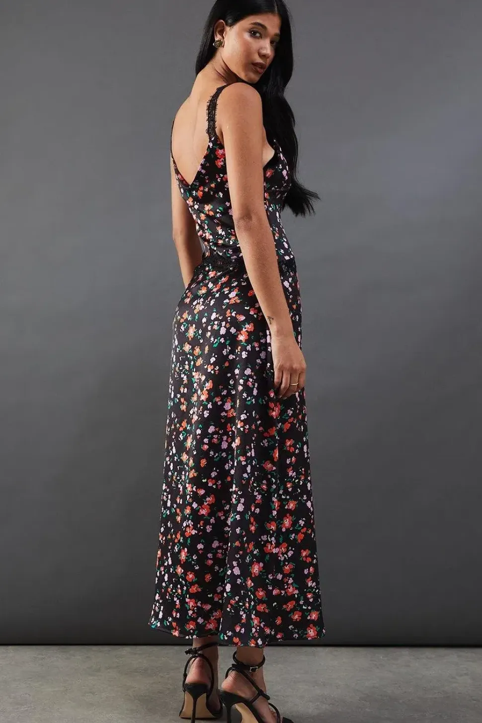 Printed Lace Panelling Satin Midi Dress