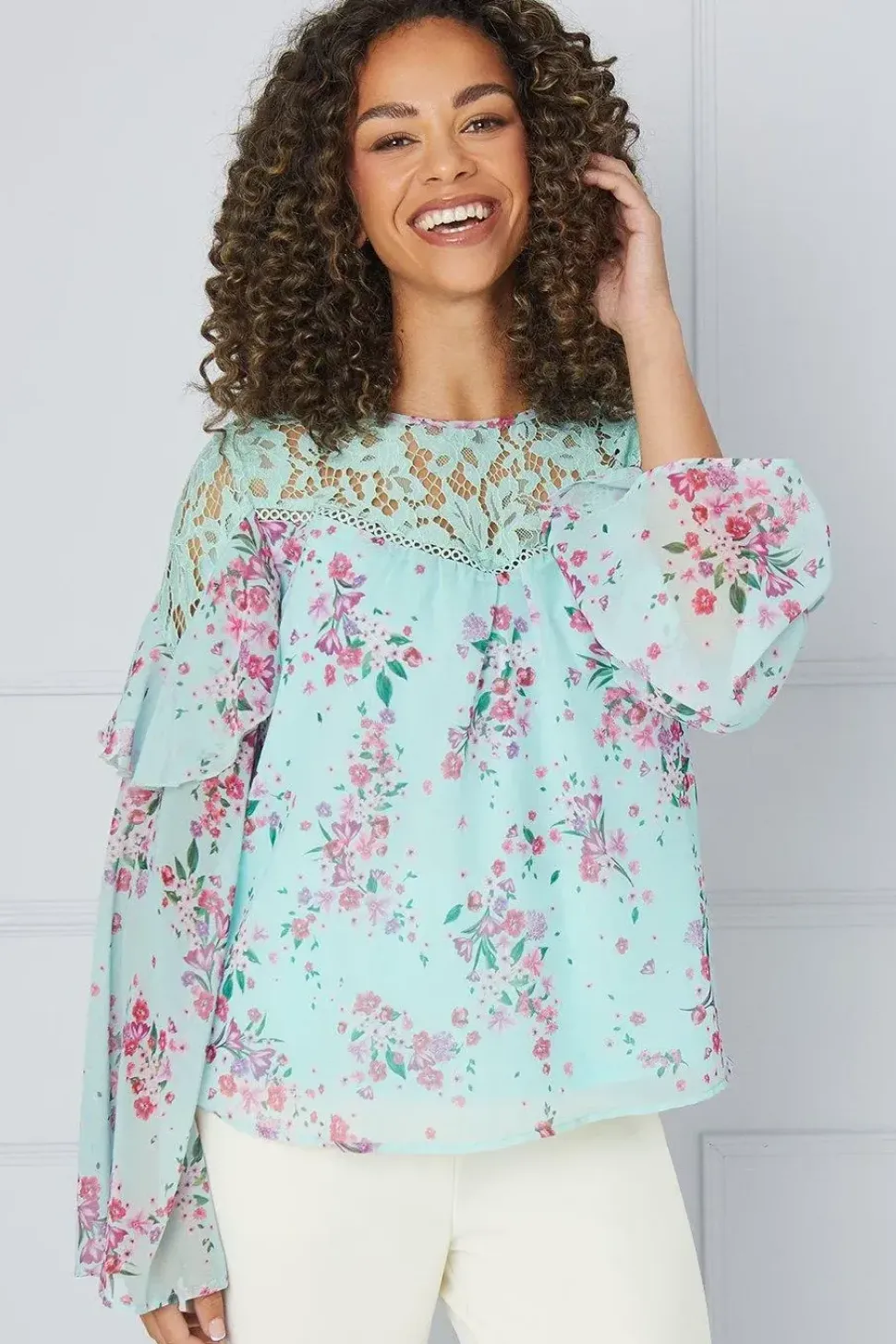 Printed Lace Trim Blouse