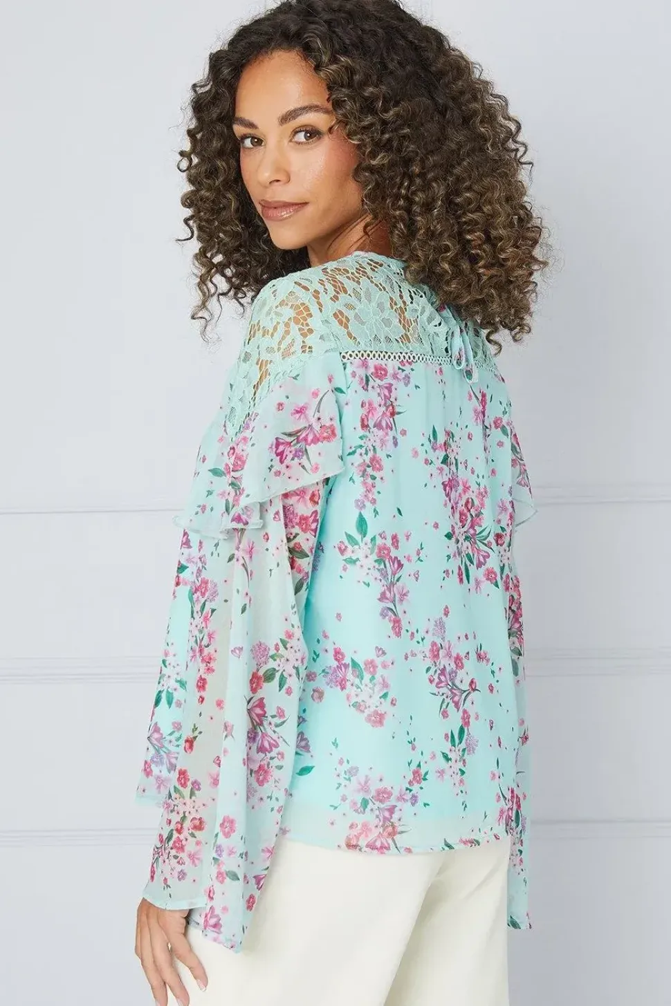 Printed Lace Trim Blouse