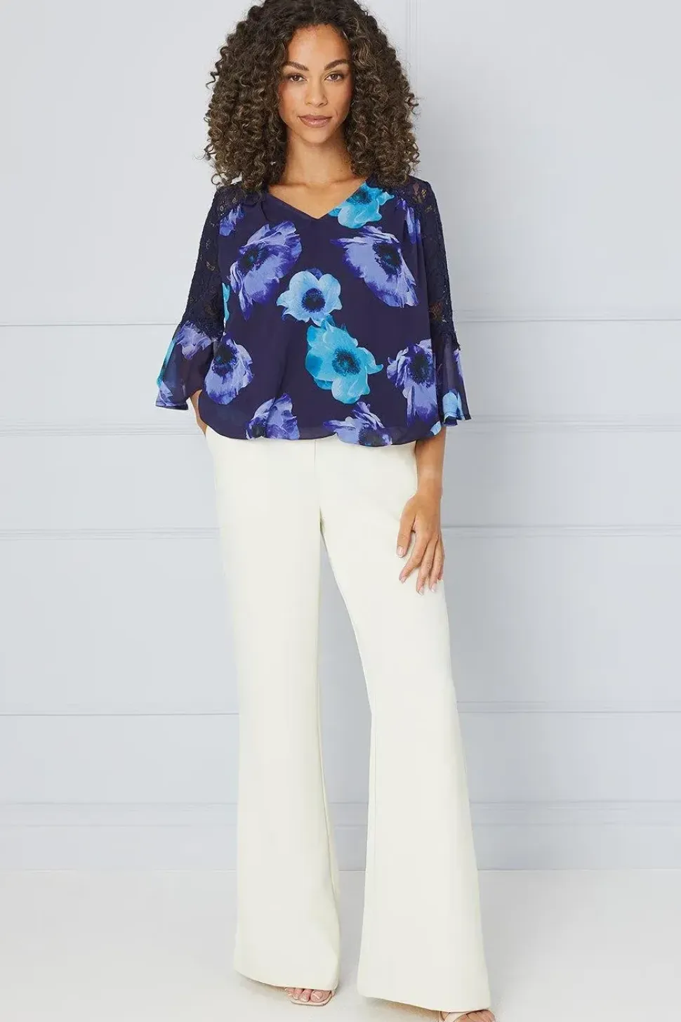 Printed Lace Trim Flute Sleeve Blouse