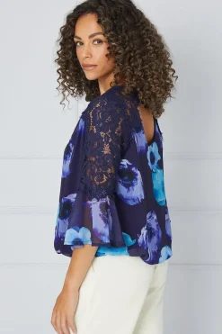 Printed Lace Trim Flute Sleeve Blouse