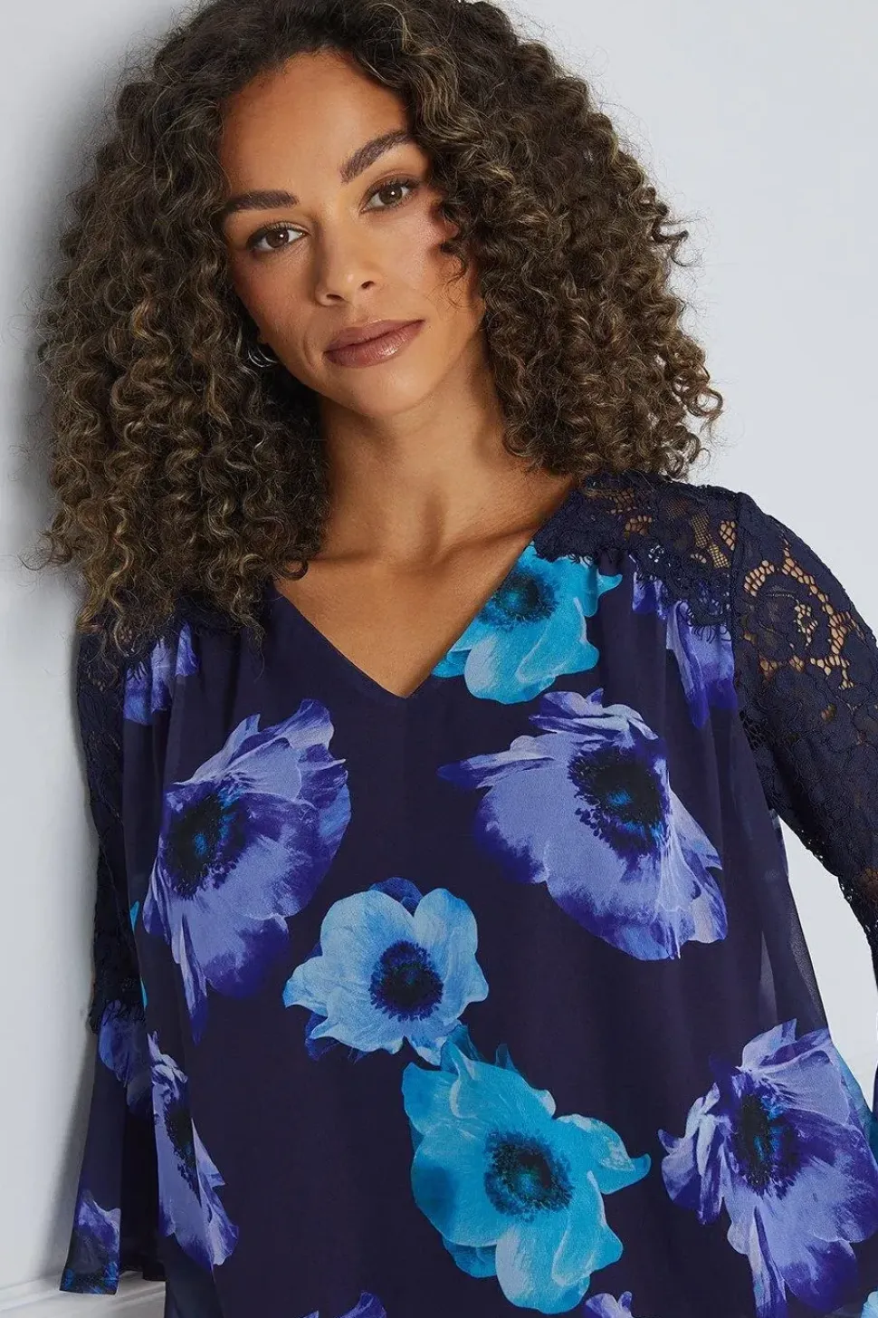 Printed Lace Trim Flute Sleeve Blouse