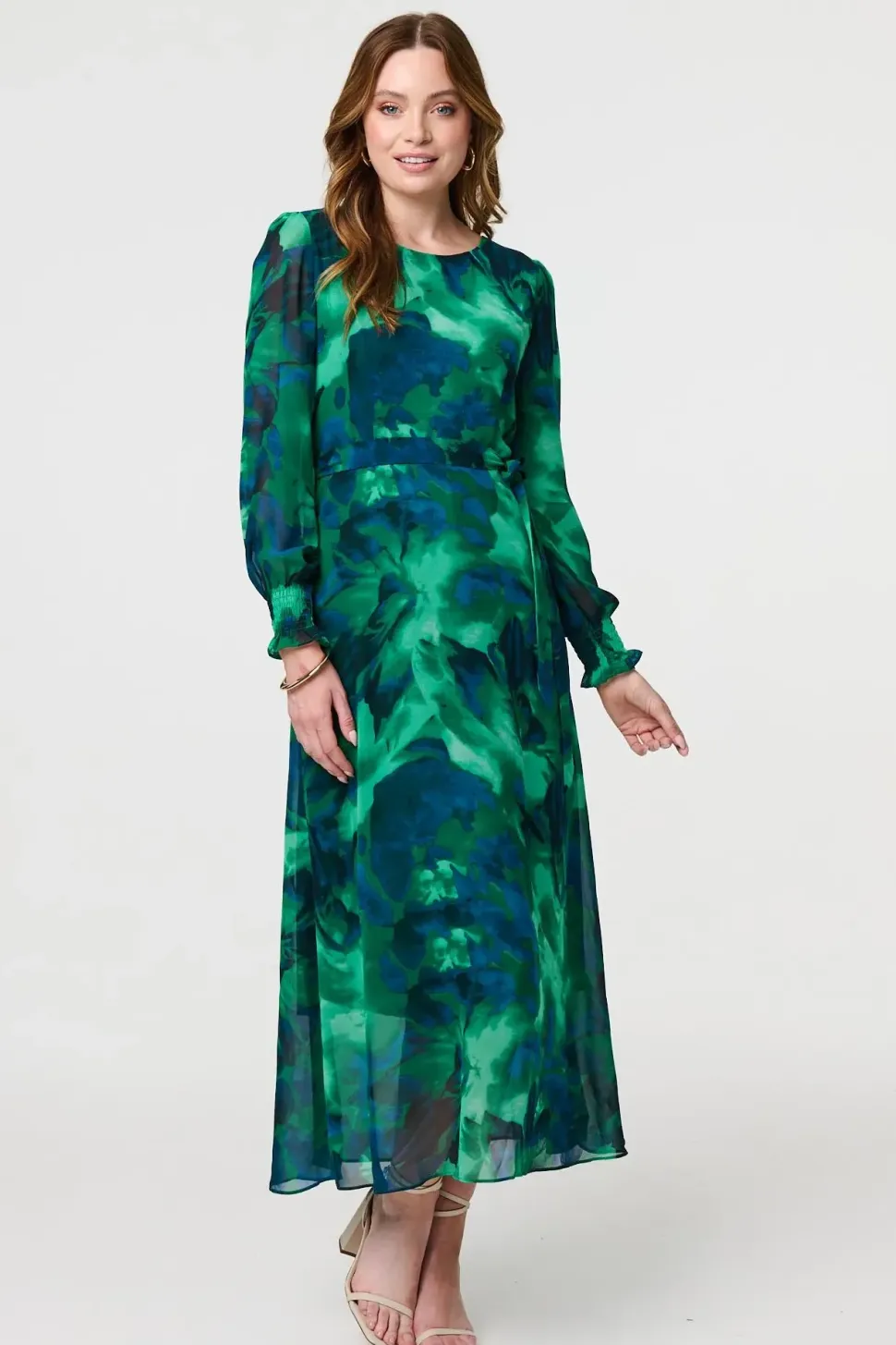 Printed Long Sleeve Chiffon Midi Dress