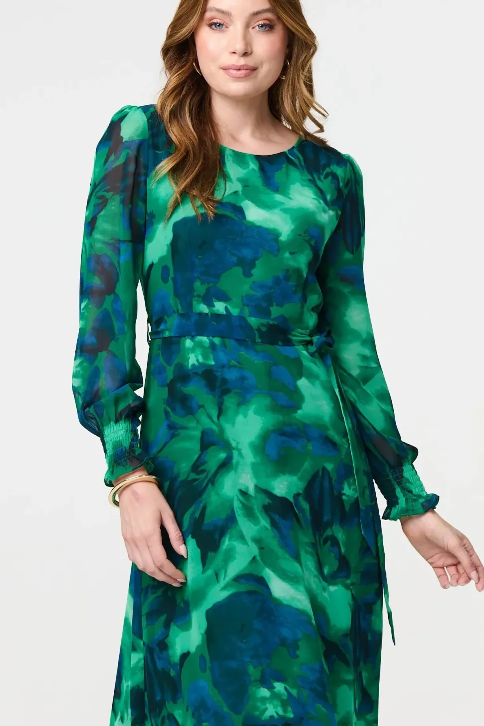 Printed Long Sleeve Chiffon Midi Dress