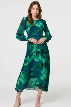 Printed Long Sleeve Chiffon Midi Dress