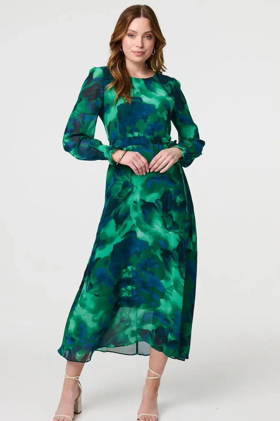 Printed Long Sleeve Chiffon Midi Dress