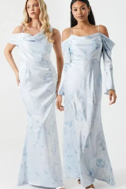 Printed Long Sleeve Cowl Bridesmaid Dress