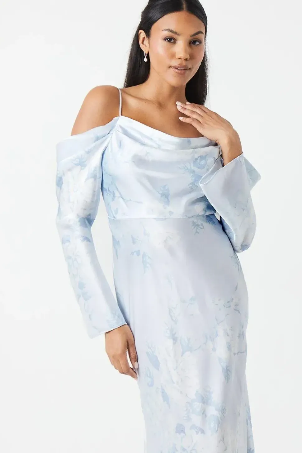 Printed Long Sleeve Cowl Bridesmaid Dress