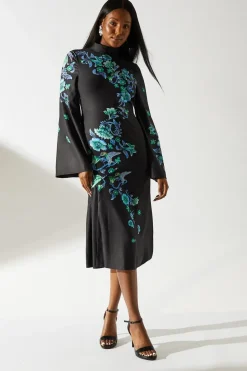 Printed Long Sleeve High Neck Midi Dress