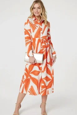 Printed Long Sleeve Midi Shirt Dress