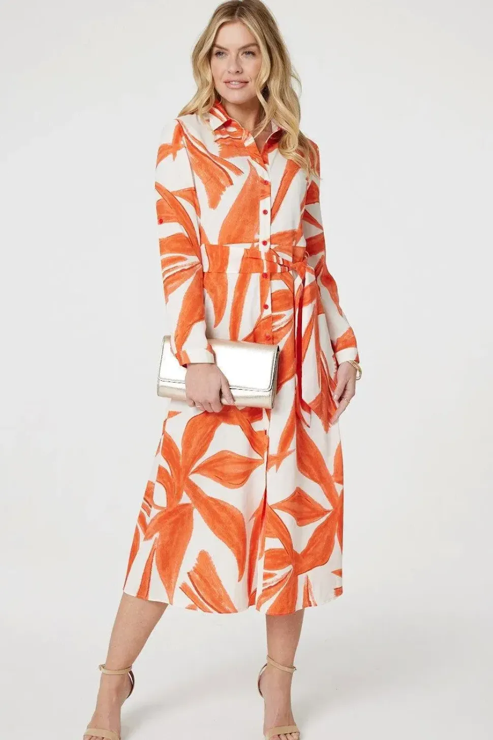 Printed Long Sleeve Midi Shirt Dress