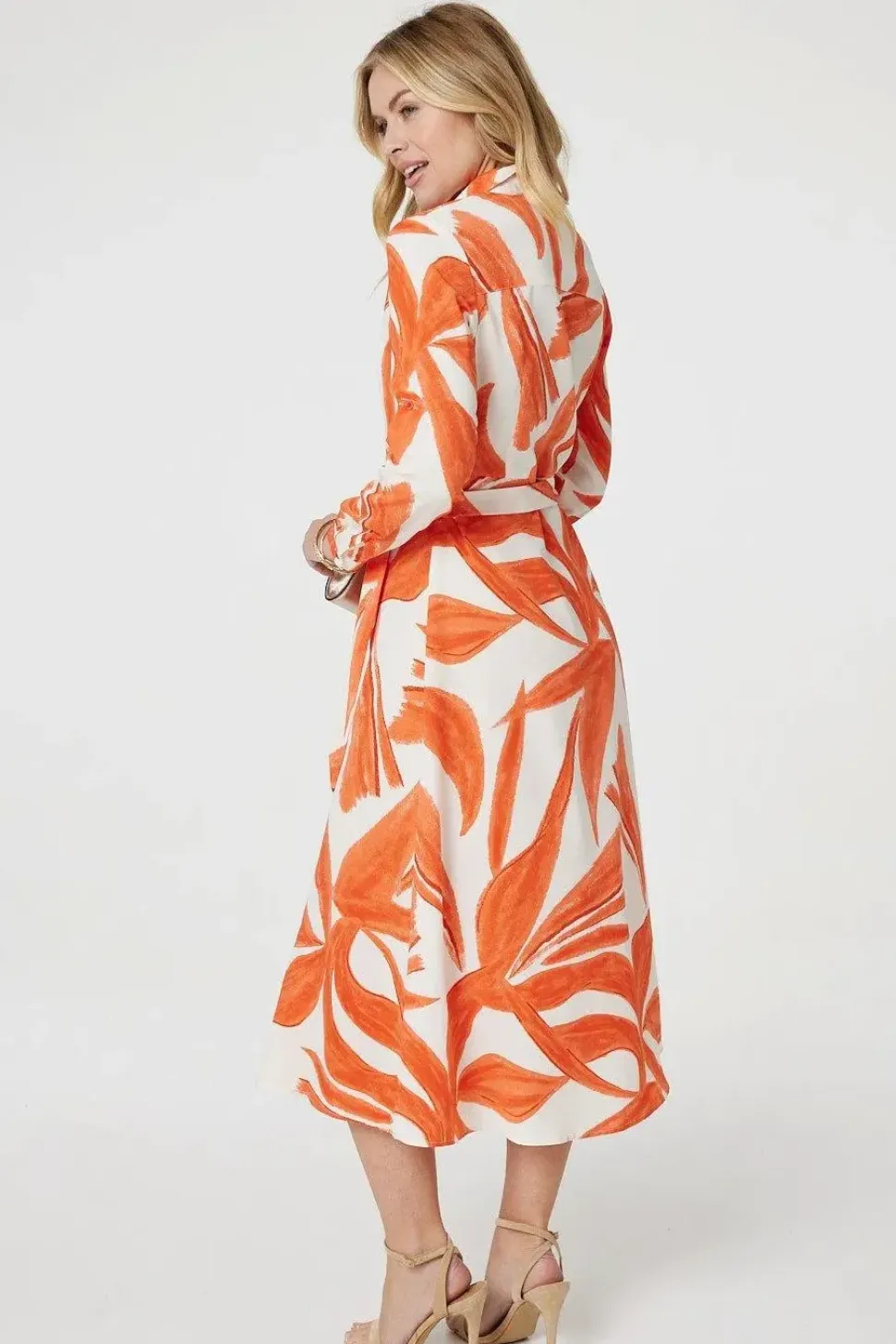 Printed Long Sleeve Midi Shirt Dress