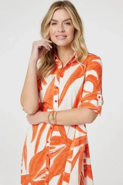 Printed Long Sleeve Midi Shirt Dress