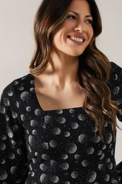 Printed Long Sleeve Ruffle Detail Midi Dress