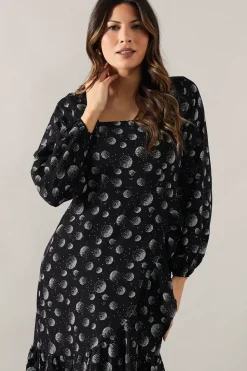 Printed Long Sleeve Ruffle Detail Midi Dress