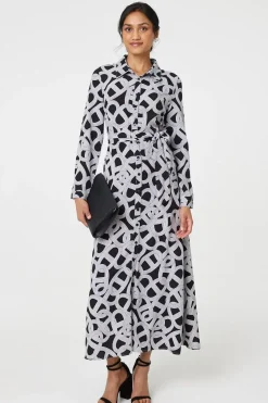 Printed Long Sleeve Shirt Maxi Dress