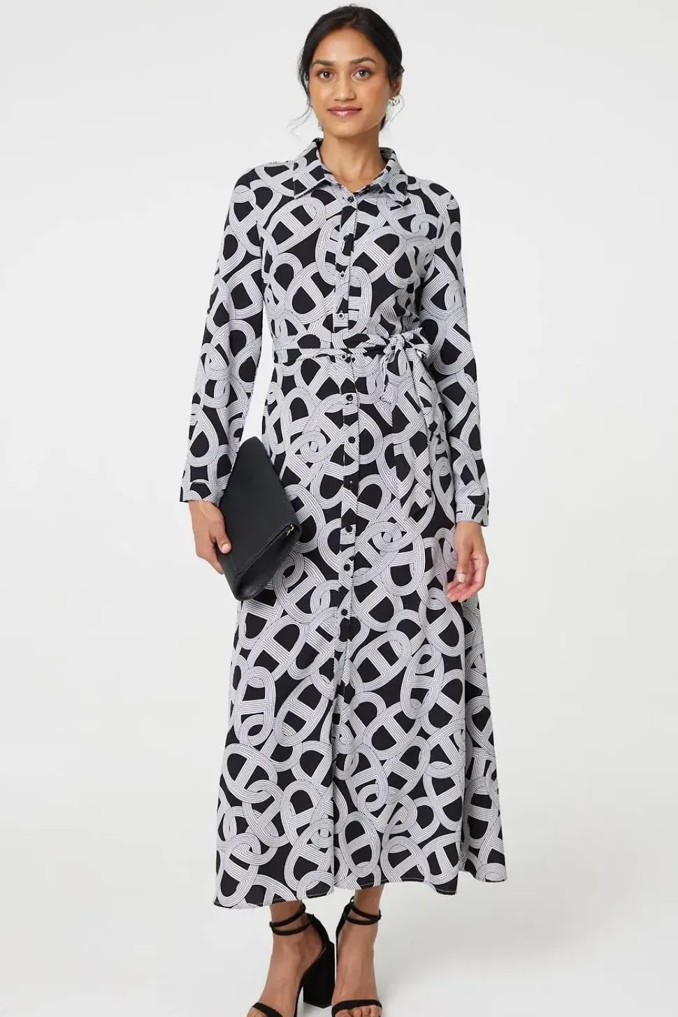 Printed Long Sleeve Shirt Maxi Dress