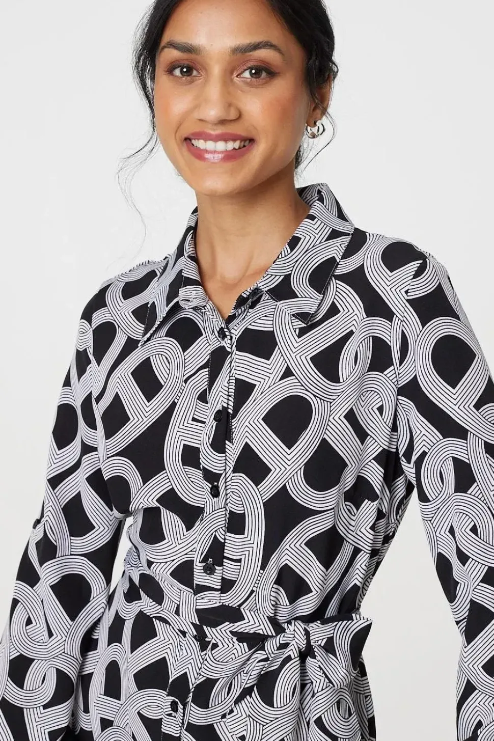 Printed Long Sleeve Shirt Maxi Dress