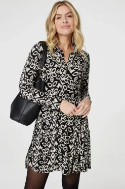 Printed Long Sleeve Short Shirt Dress