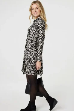 Printed Long Sleeve Short Shirt Dress