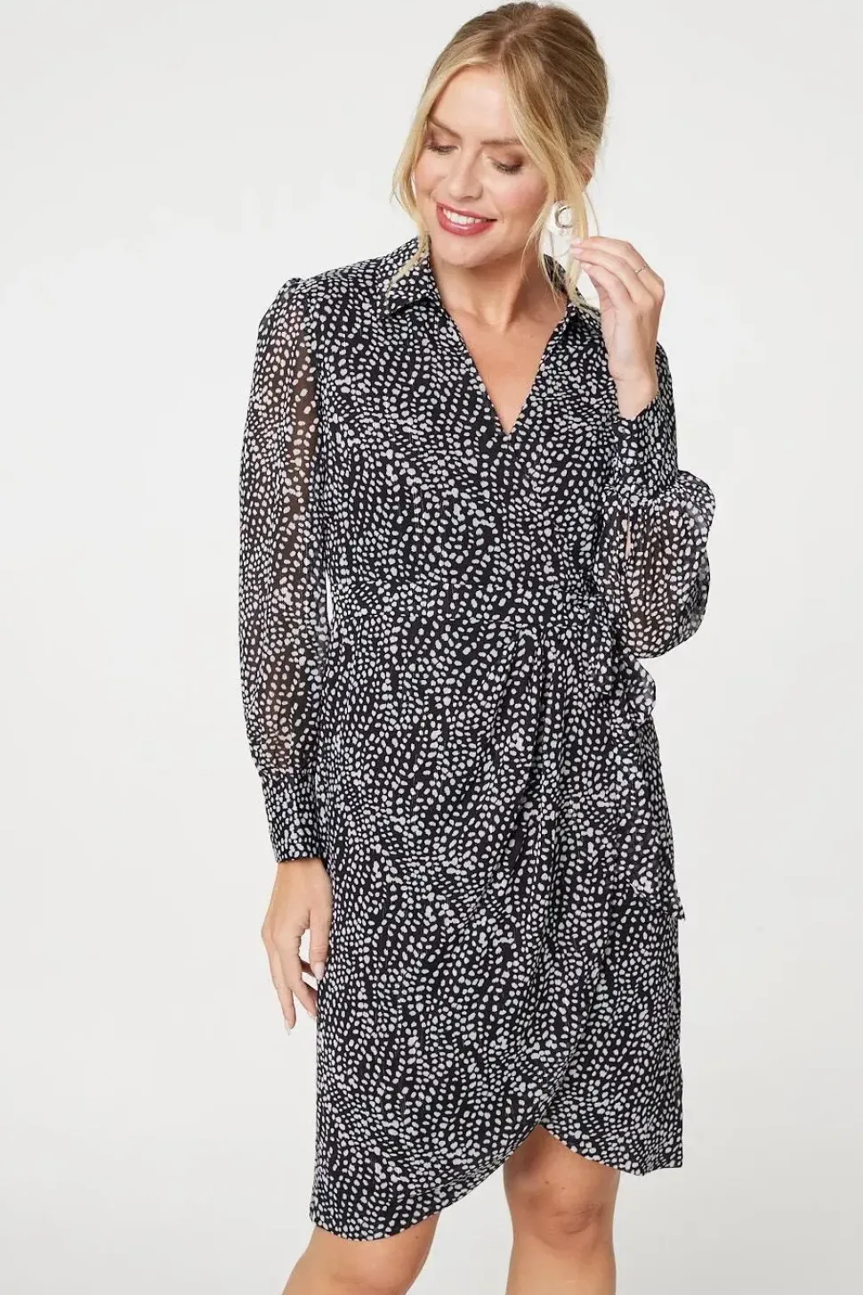 Printed Long Sleeve Wrap Front Short Dress