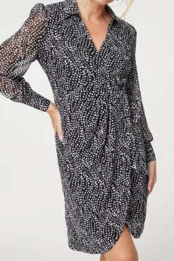 Printed Long Sleeve Wrap Front Short Dress