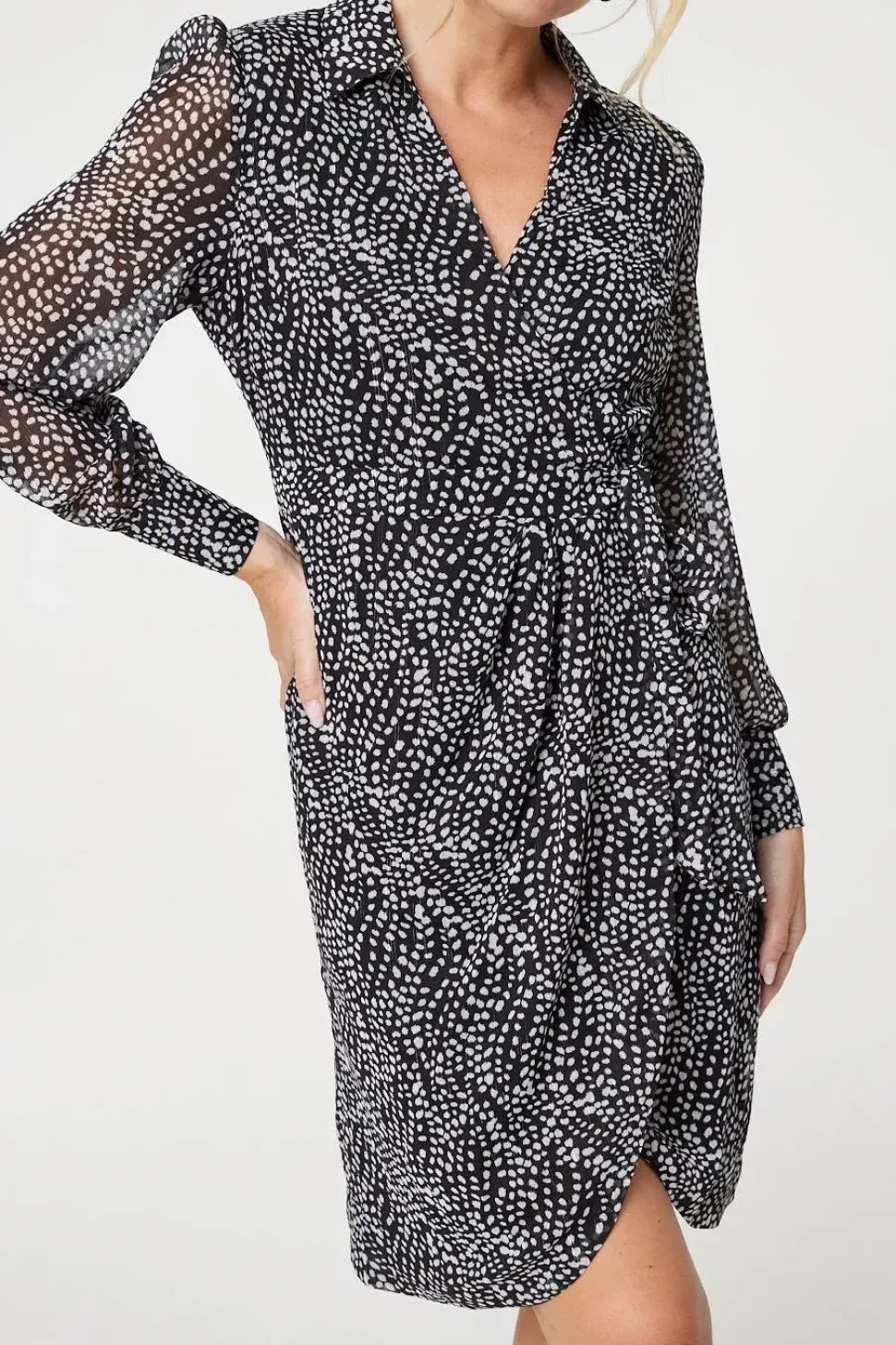 Printed Long Sleeve Wrap Front Short Dress