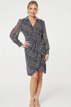 Printed Long Sleeve Wrap Front Short Dress