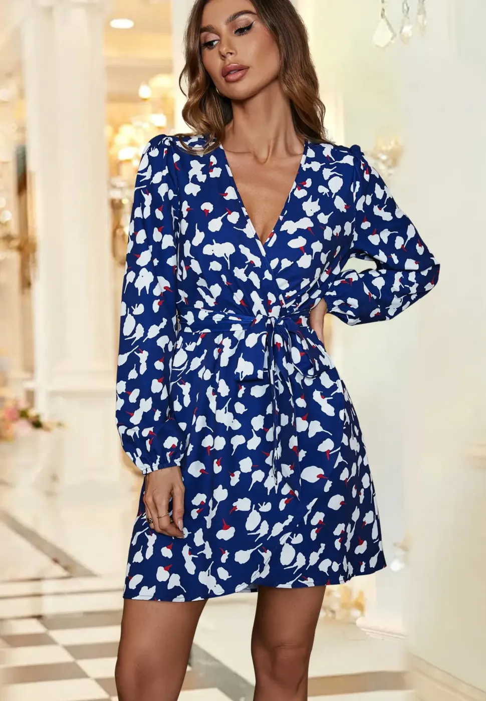 Printed Long Sleeve Wrap Top Mini Dress