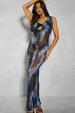 Printed Mesh Cowl Neck Maxi Slip Dress