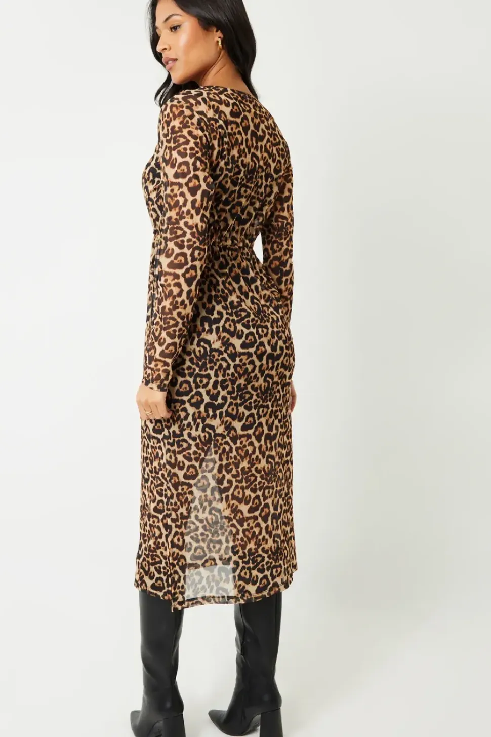 Printed Mesh Long Sleeve Maxi Dress