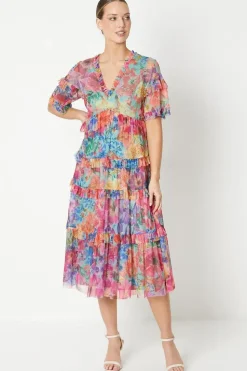 Printed Mesh Ruffle Midi Dress