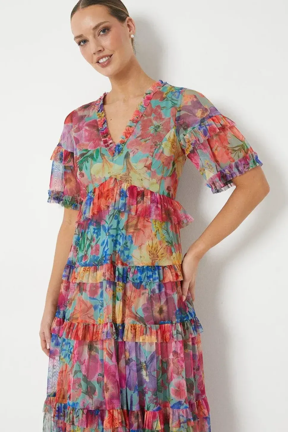 Printed Mesh Ruffle Midi Dress