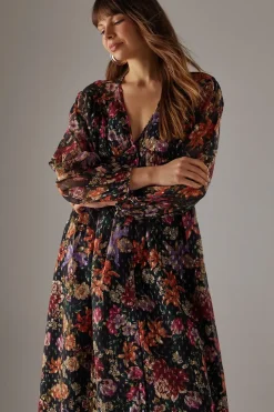 Printed Metallic Chiffon Hanky Hem Midi Dress
