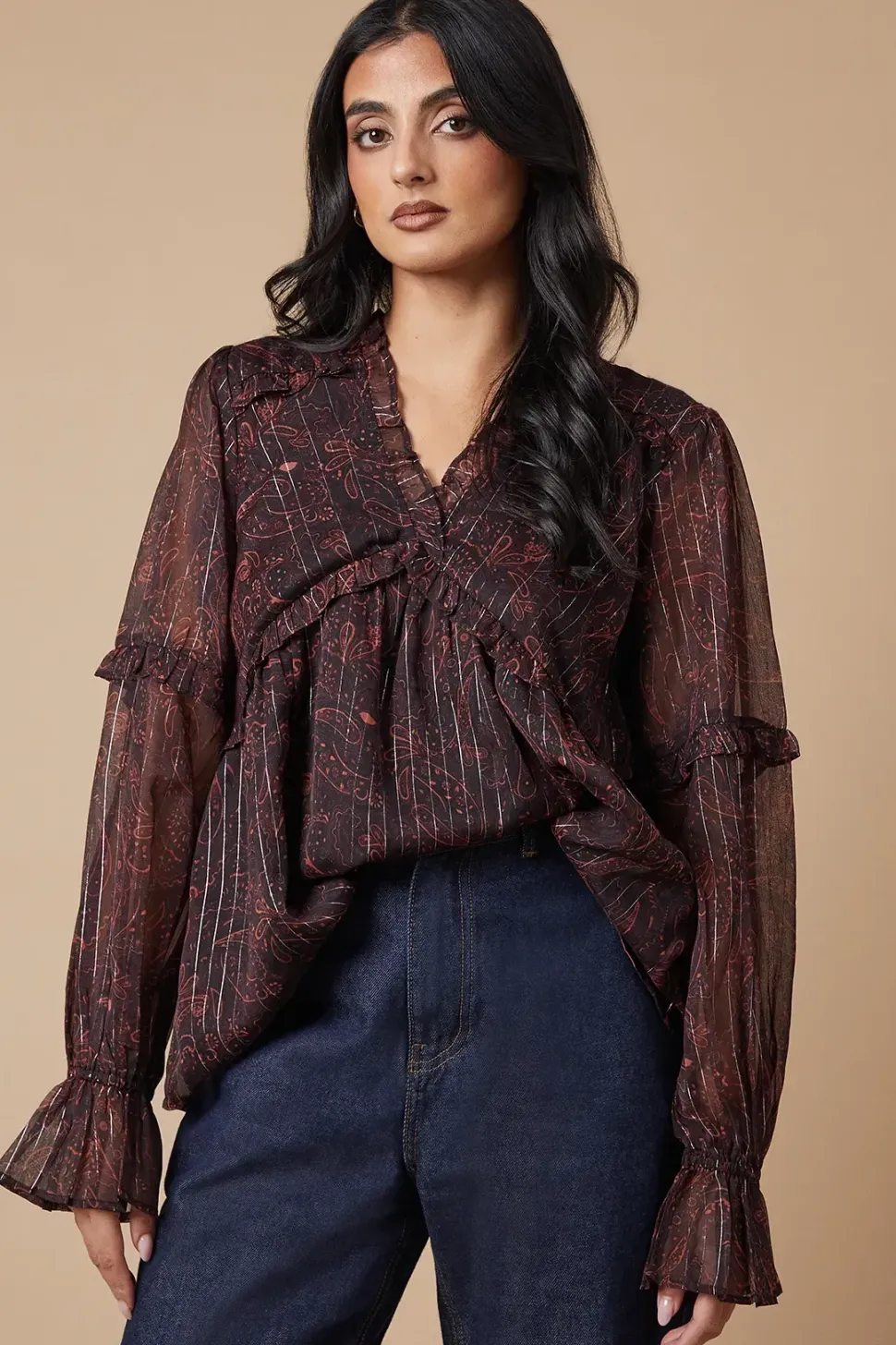 Printed Metallic Chiffon Ruffle Detail Blouse