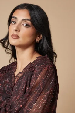 Printed Metallic Chiffon Ruffle Detail Blouse