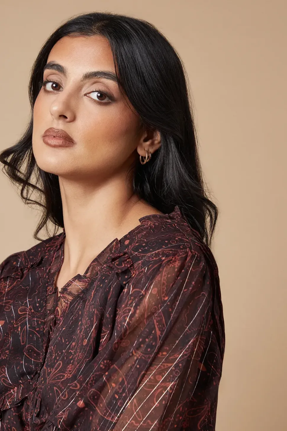 Printed Metallic Chiffon Ruffle Detail Blouse