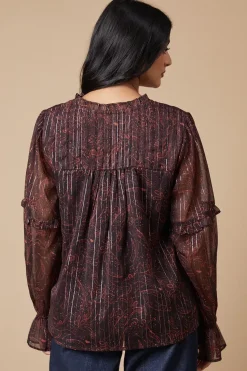 Printed Metallic Chiffon Ruffle Detail Blouse
