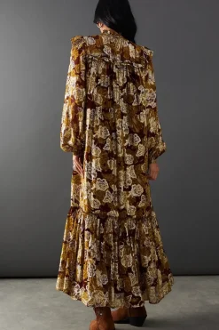 Printed Metallic Jacquard Frill Yoke Tier Hem Midi Dress