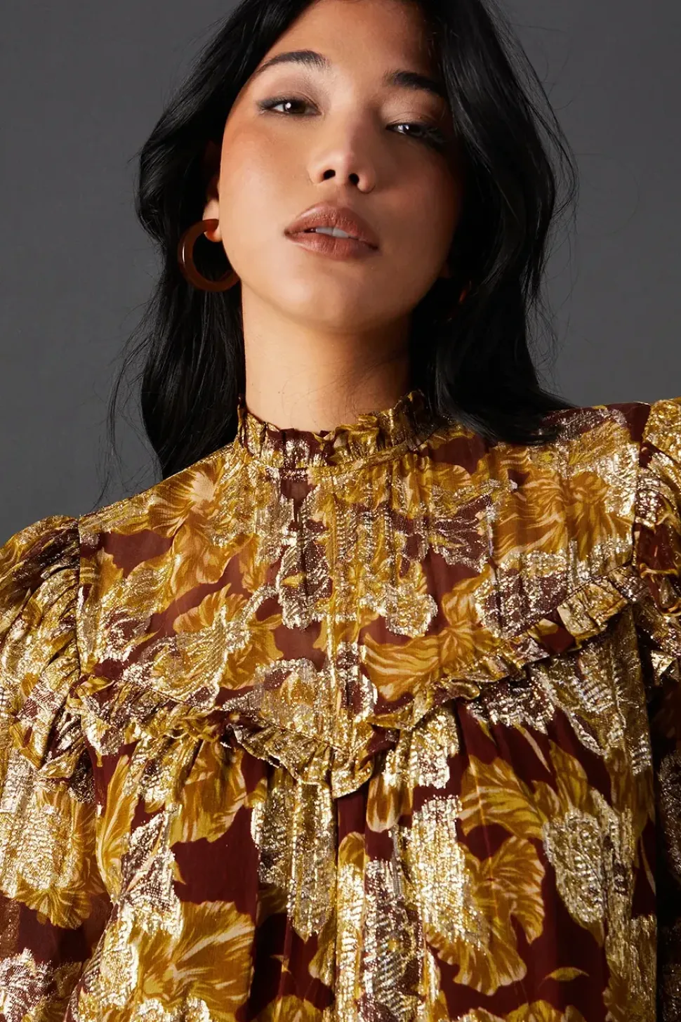 Printed Metallic Jacquard Frill Yoke Tier Hem Midi Dress