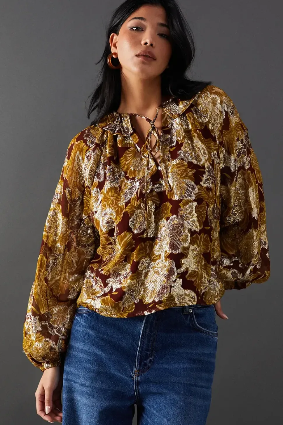 Printed Metallic Jacquard Tie Neck Frill Collar Blouse