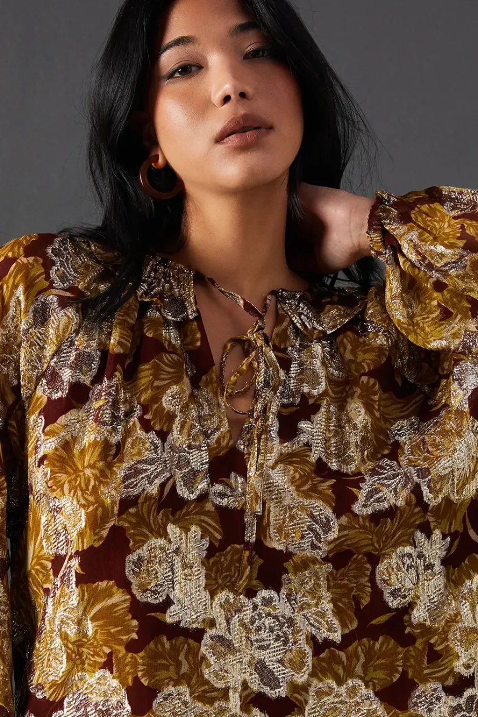 Printed Metallic Jacquard Tie Neck Frill Collar Blouse