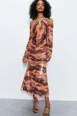 Printed Metallic Ruche Front Dress