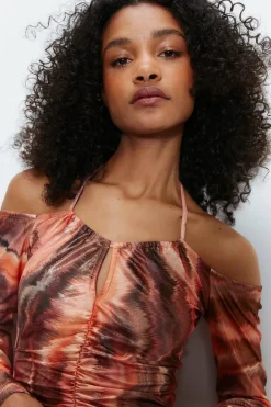Printed Metallic Ruche Front Dress