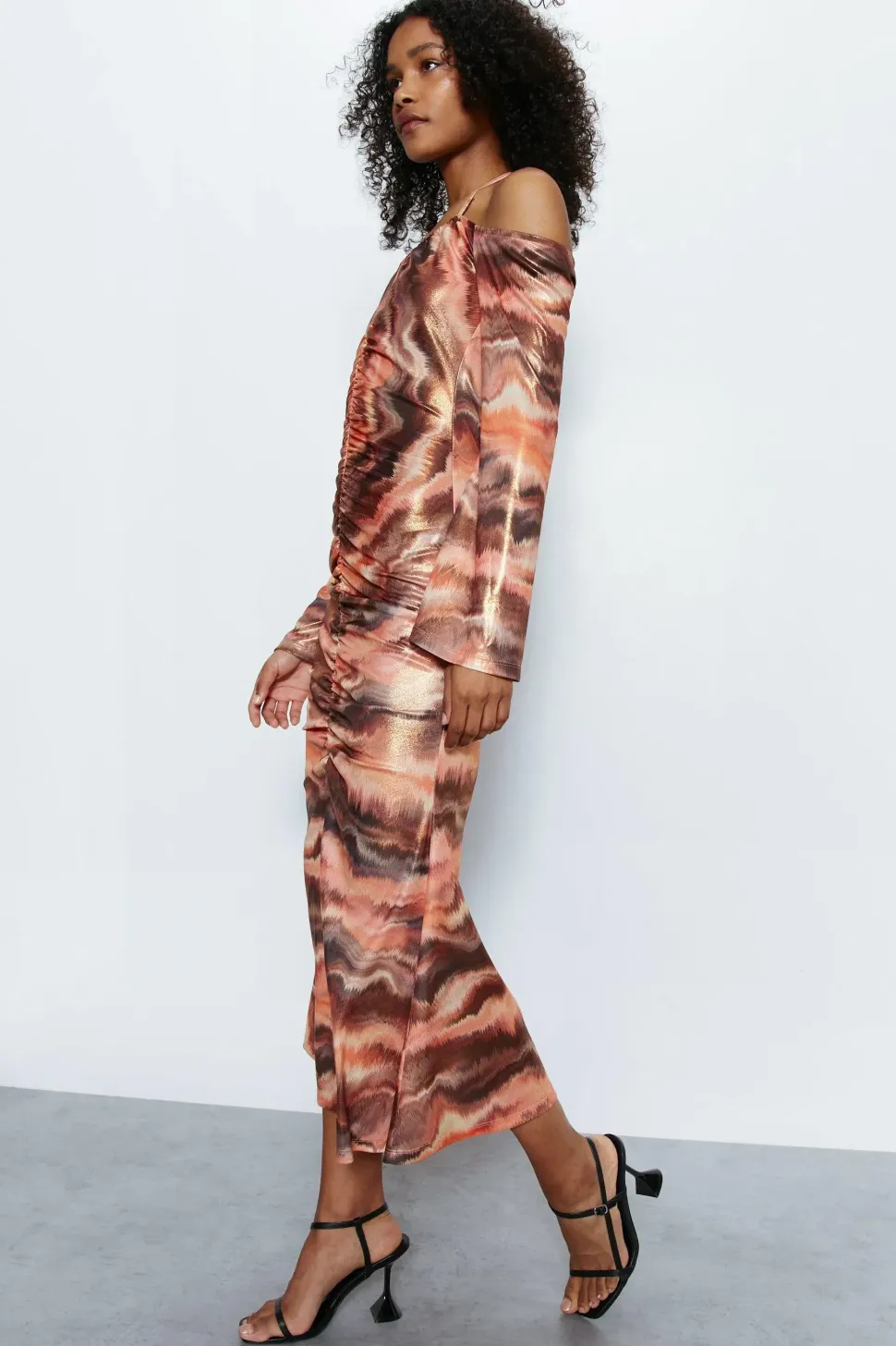 Printed Metallic Ruche Front Dress