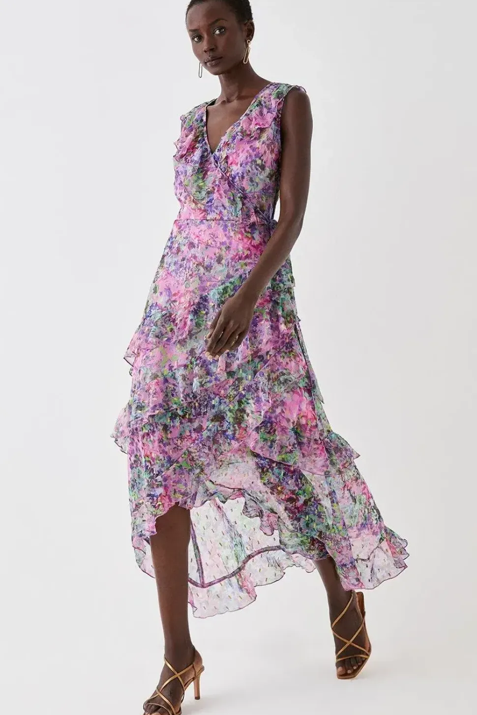 Printed Metallic Ruffle Detail Wrap Dress
