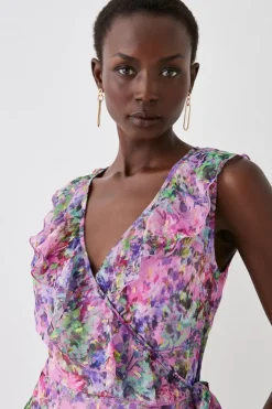 Printed Metallic Ruffle Detail Wrap Dress