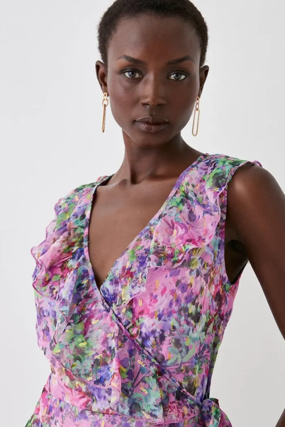 Printed Metallic Ruffle Detail Wrap Dress