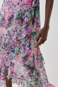 Printed Metallic Ruffle Detail Wrap Dress