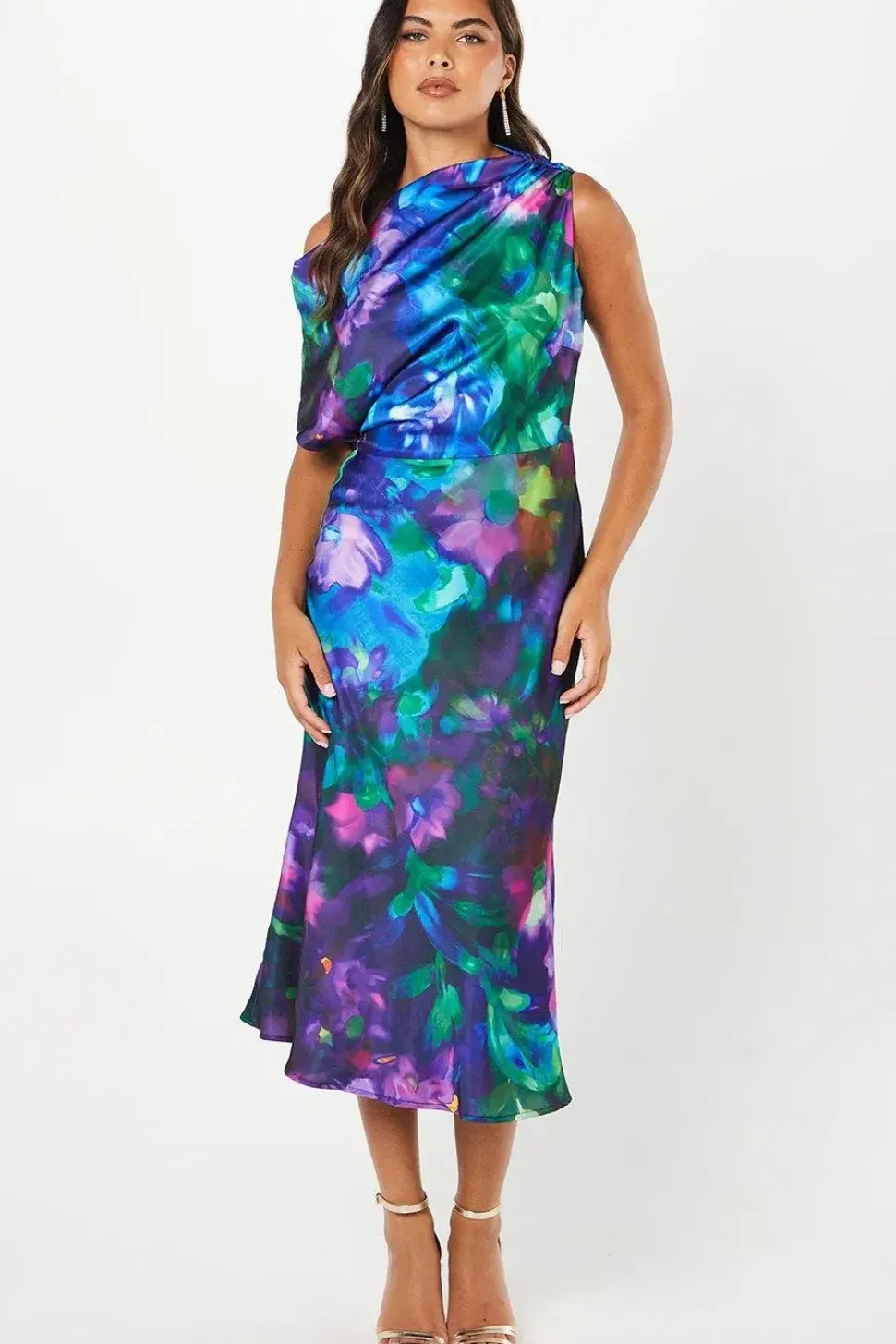 Printed One Shoulder Midi Wedding Guest Dress